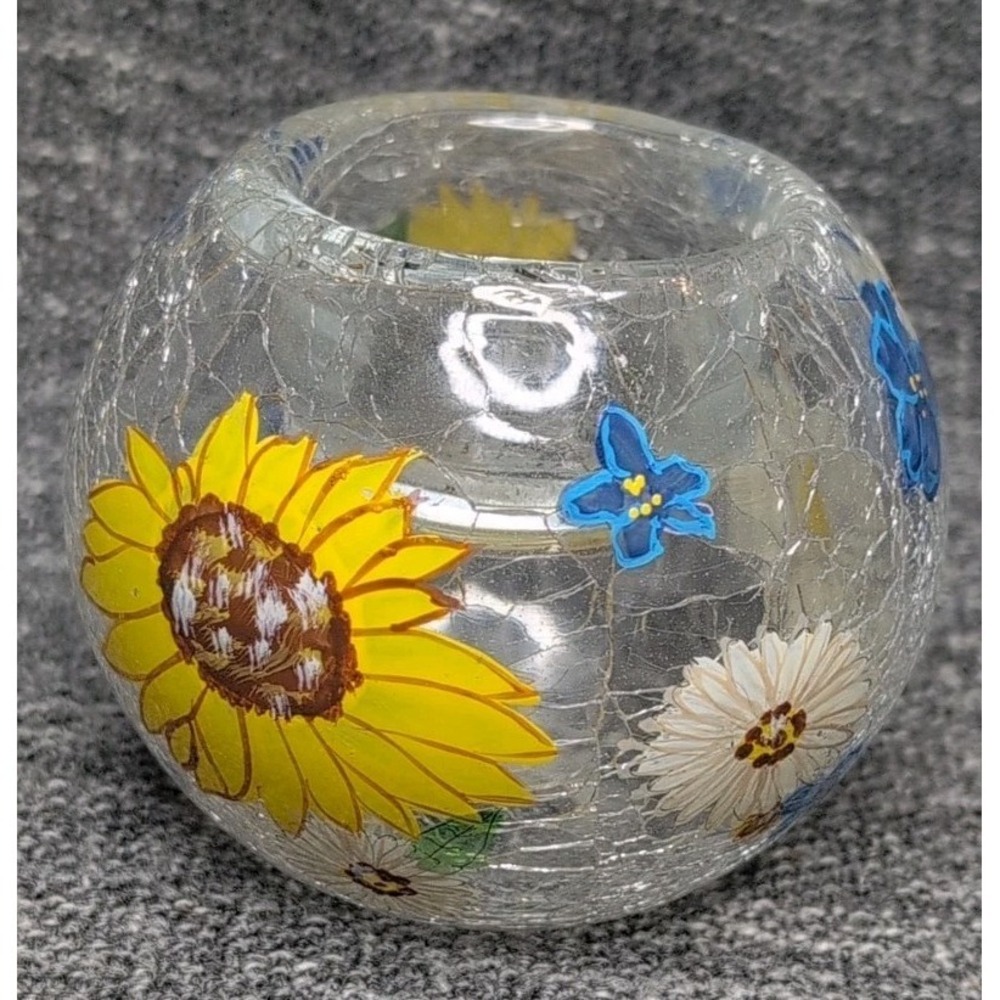 Pavilion Gifts Crackle Glass Tealight Holder Round Floral‎ Candle Decor